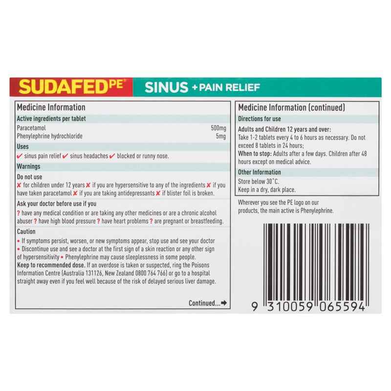 Sudafed PE Sinus + Pain Relief Tablets 24 Pack