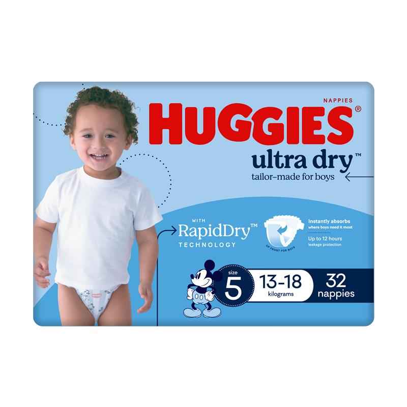 Huggies Ultra Dry Nappies Size 5 Boy 13-18kg Bulk 32 Pack