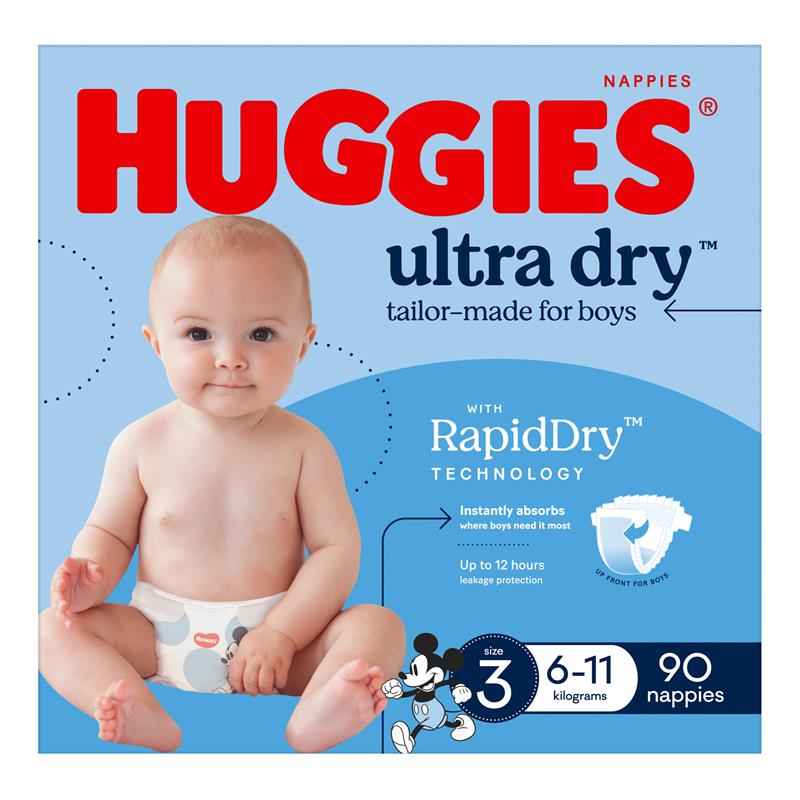 Huggies Ultra Dry Nappies Boy Size 3 Jumbo 90 Pack