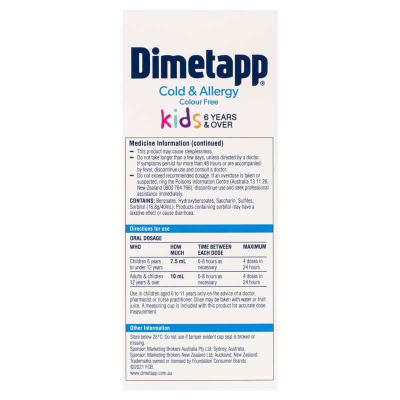 Dimetapp Cold and Allergy Colour Free 200mL