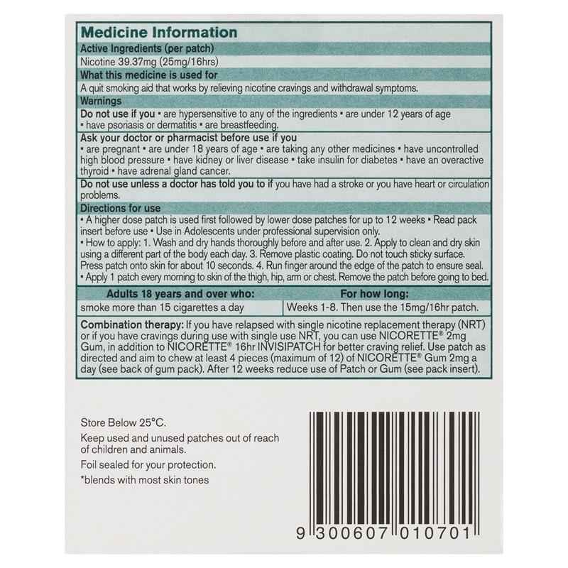 Nicorette Quit Smoking Nicotine 16 hour Invisipatch Step 1 25mg 7 Pack
