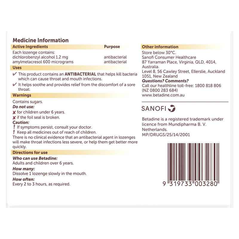 Betadine Sore Throat Lozenges Soothing Honey & Lemon Flavour 36 Pack