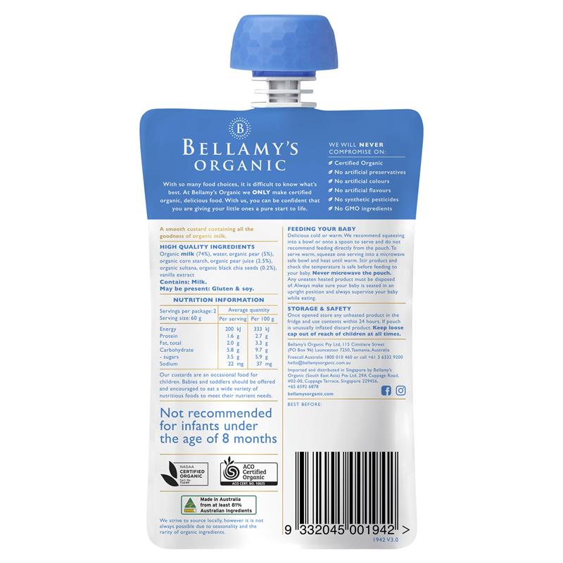 Bellamy's Organic Vanilla & Pear Custard with Chia Seeds 120g