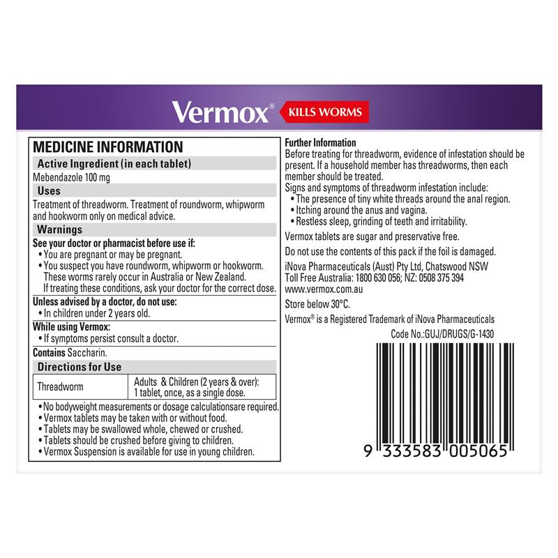 Vermox Worming Treatment Orange Tablets 6 Tablets