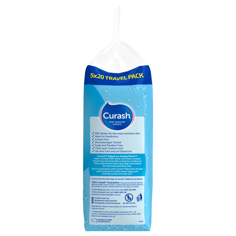 Curash Simply Travel Water Wipes 5 x 20 Pack