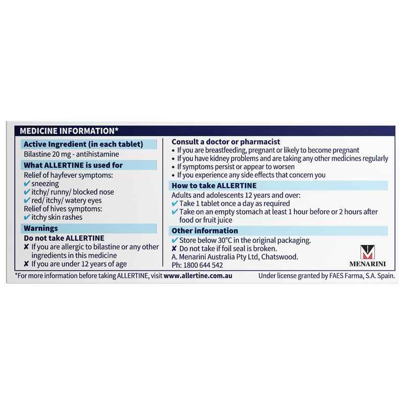 Allertine 20mg 30 Tablets - Bilastine