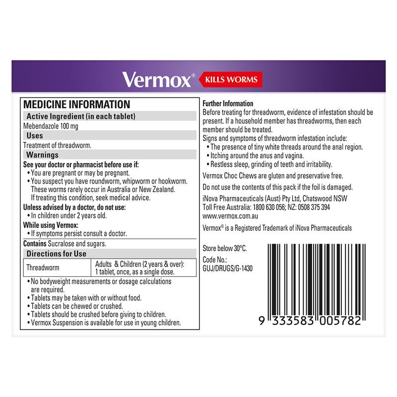 Vermox Worming Treatment Choc Chews 4 Tablets