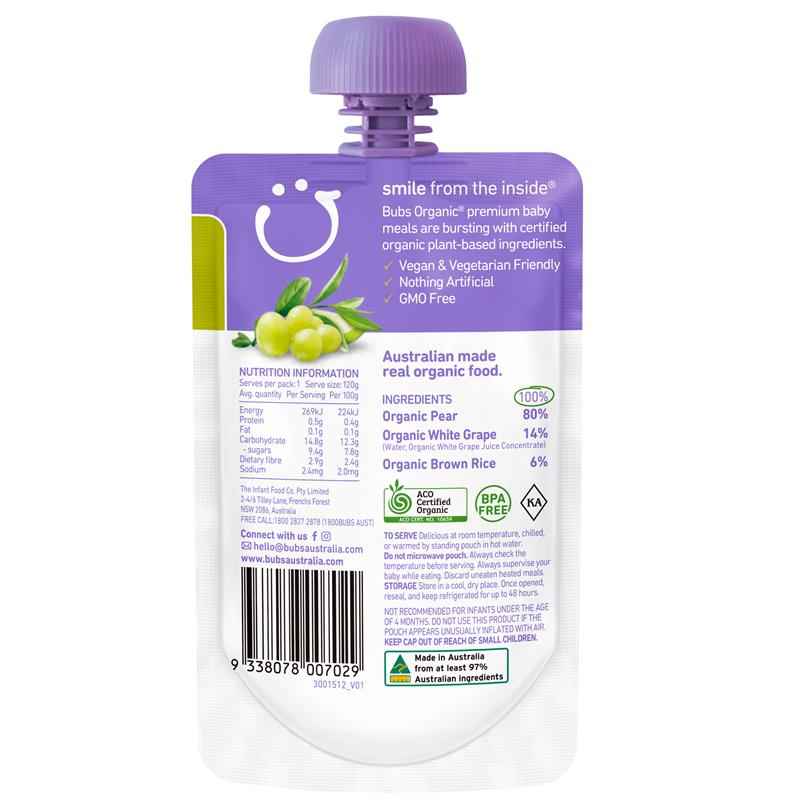 Bubs Organic Pear & White Grape 4 Months+ 120g