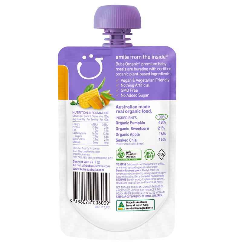 Bubs Organic Sweetcorn Pumpkin & Chia 6 Months+ 120g