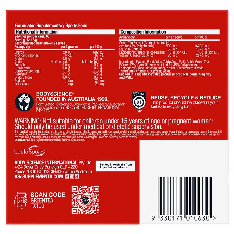 BSc Green Tea TX100 Lemon Lime 60 x 3g Serve NEW - GimmeNow
