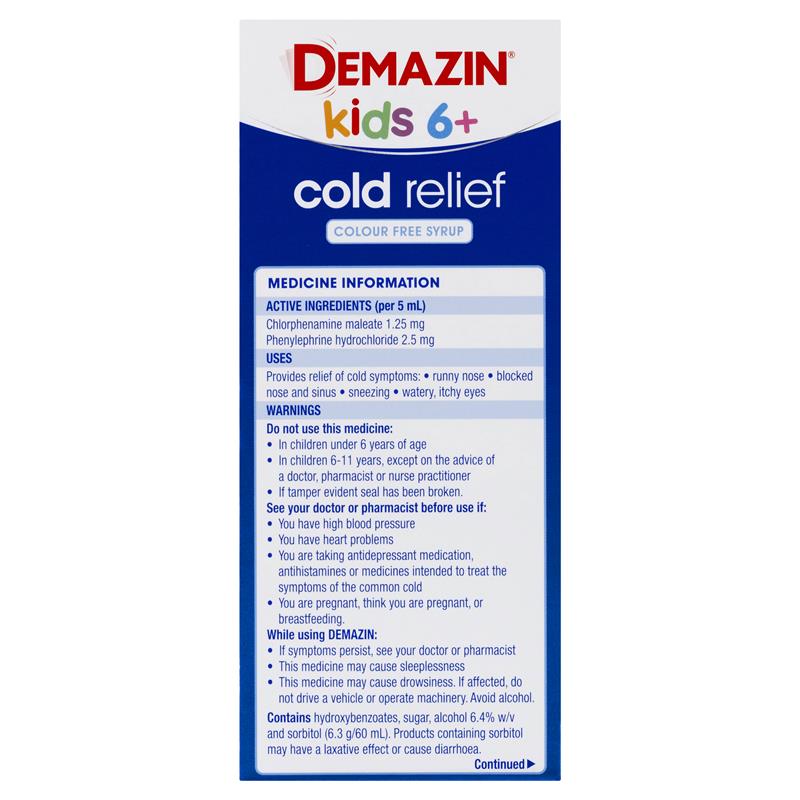 Demazin Kids 6+ Cold Relief Colour Free Syrup 200ml - GimmeNow