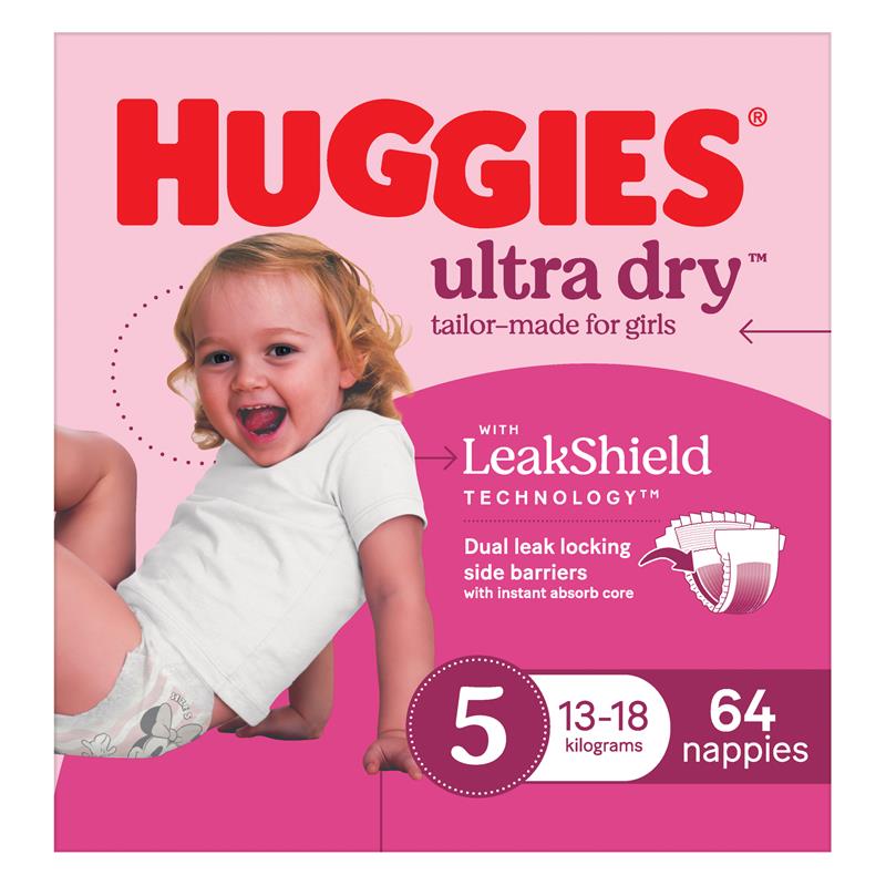Huggies Ultra Dry Nappies Girls Size 5 (13-18kg) 64 Pack