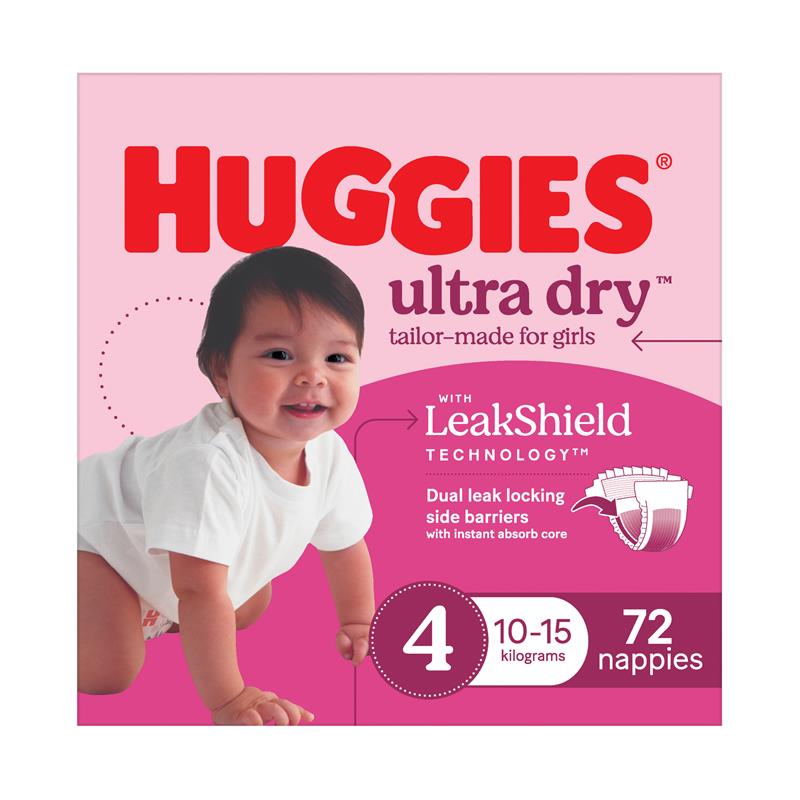 Huggies Ultra Dry Nappies Girls Size 4 (10-15kg) 72 Pack