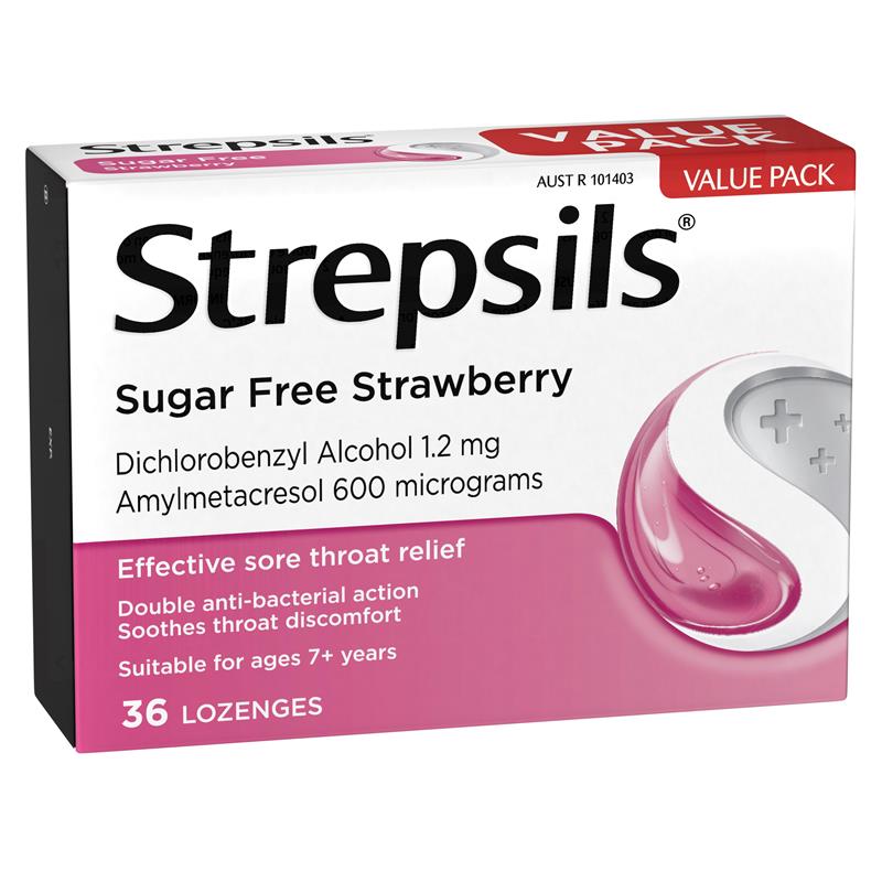 Strepsils Sugar Free Strawberry 36 Lozenges