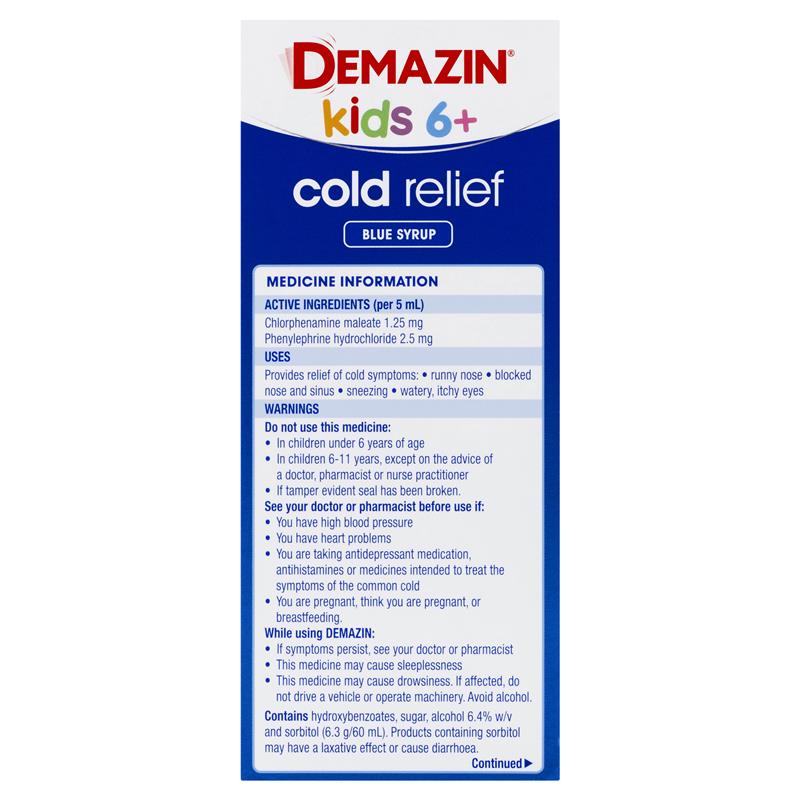Demazin Kids 6+ Cold Relief Blue Syrup 200ml - GimmeNow