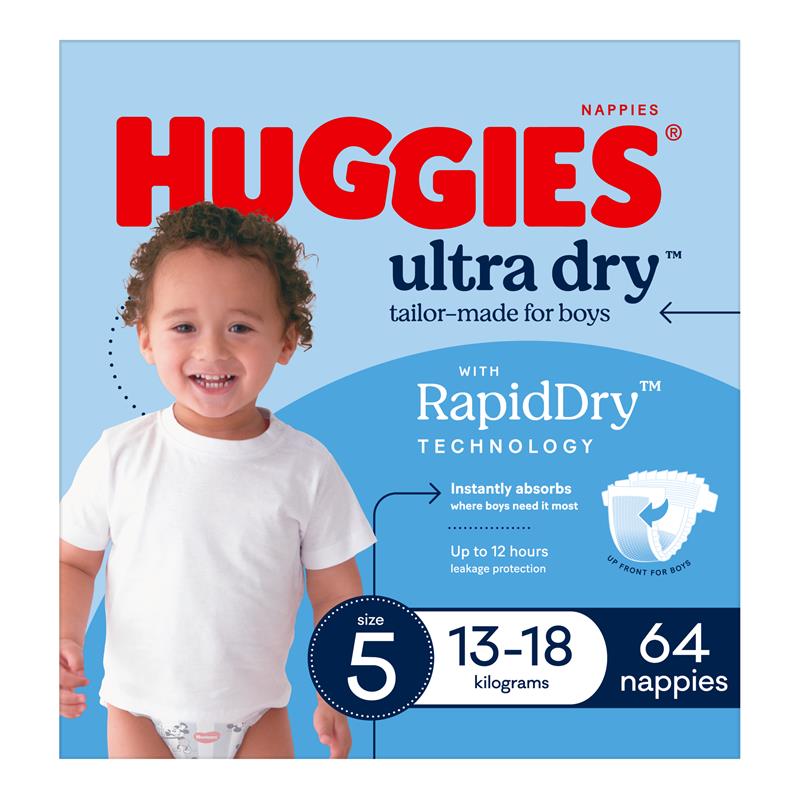 Huggies Ultra Dry Nappies Boy Size 5 Jumbo 64 Pack