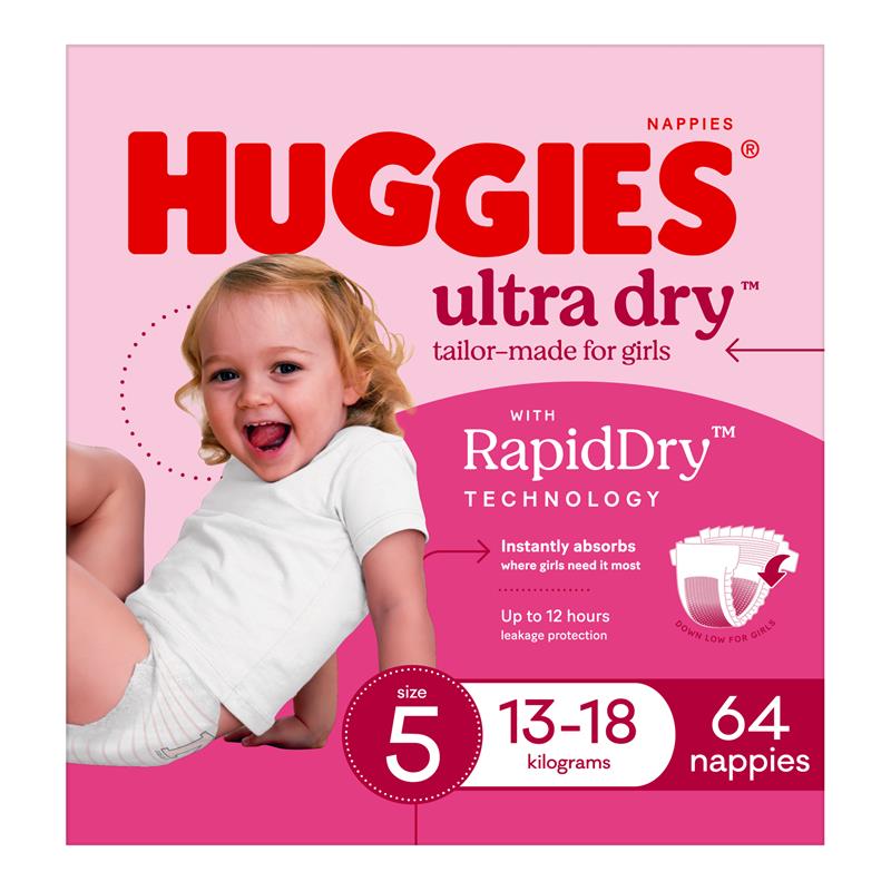 Huggies Ultra Dry Nappies Girl Size 5 Jumbo 64 Pack