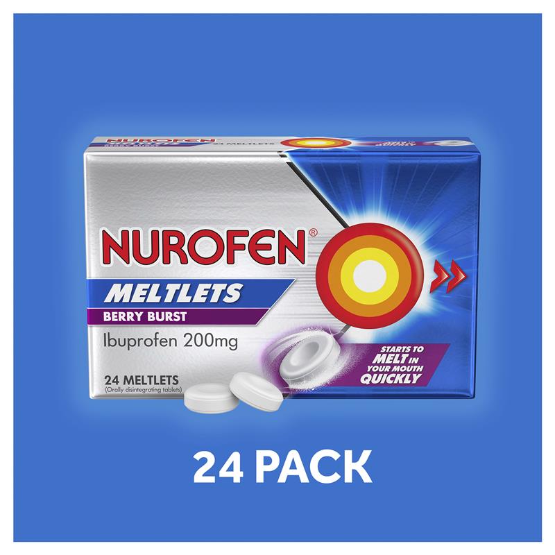 Nurofen Meltlets Pain Relief Berry Burst 200mg Ibuprofen 24 Pack