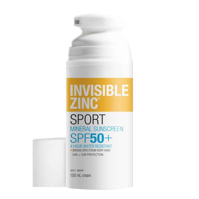 Invisible Zinc SPF 50+ Sport Mineral Sunscreen 4 Hour Water Resistant 100ml