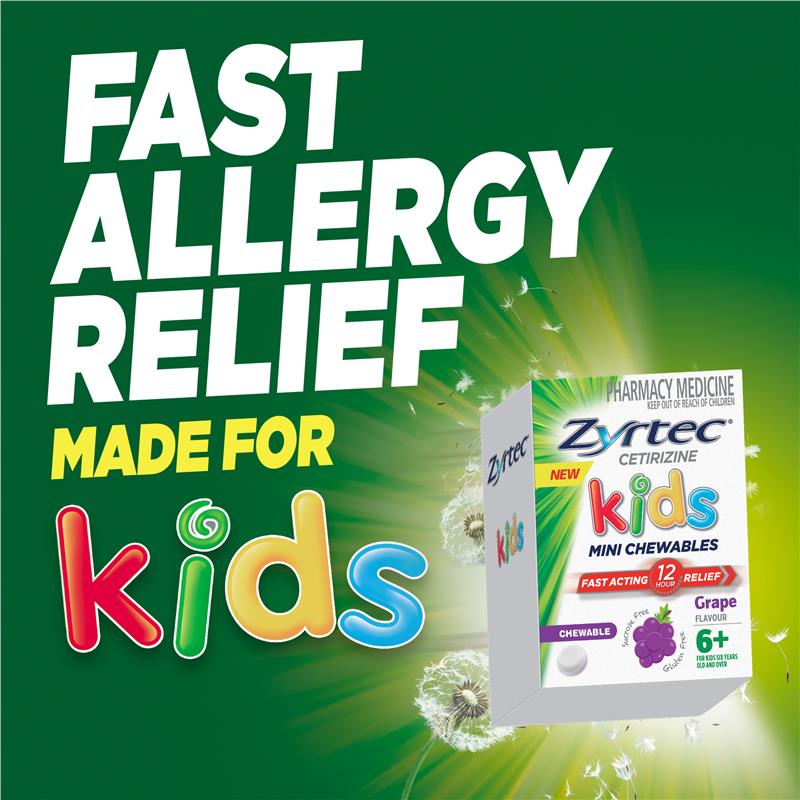 Zyrtec Kids Antihistamine Allergy & Hayfever Chewable Tablet Grape 30 Pack - GimmeNow