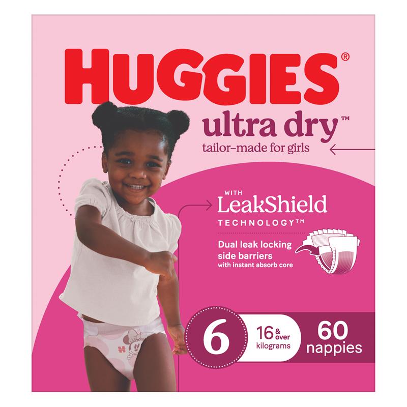 Huggies Ultra Dry Nappies Girls Size 6 (16kg+) 60 Pack