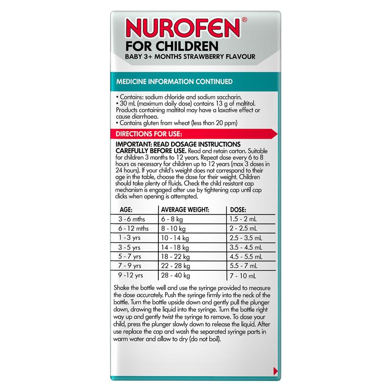 Nurofen For Children Baby 3+ Months Pain and Fever Relief Concentrated Liquid 200mg/5ml Ibuprofen Strawberry 50ml
