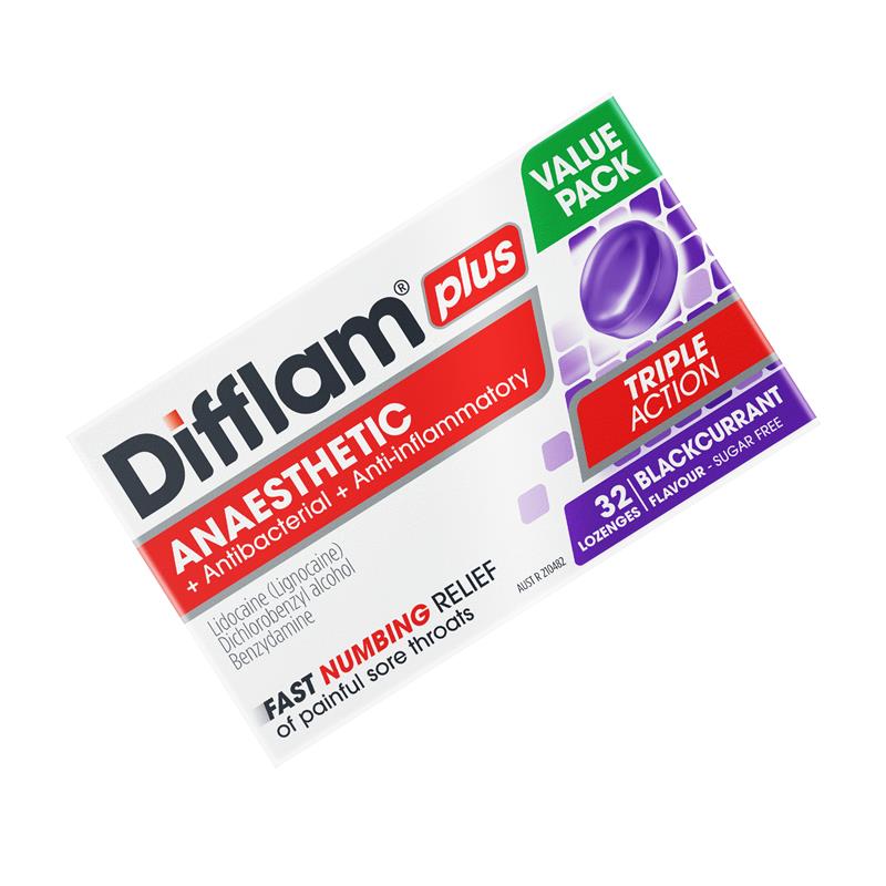 Difflam Plus Triple Action Blackcurrant 32 Lozenges