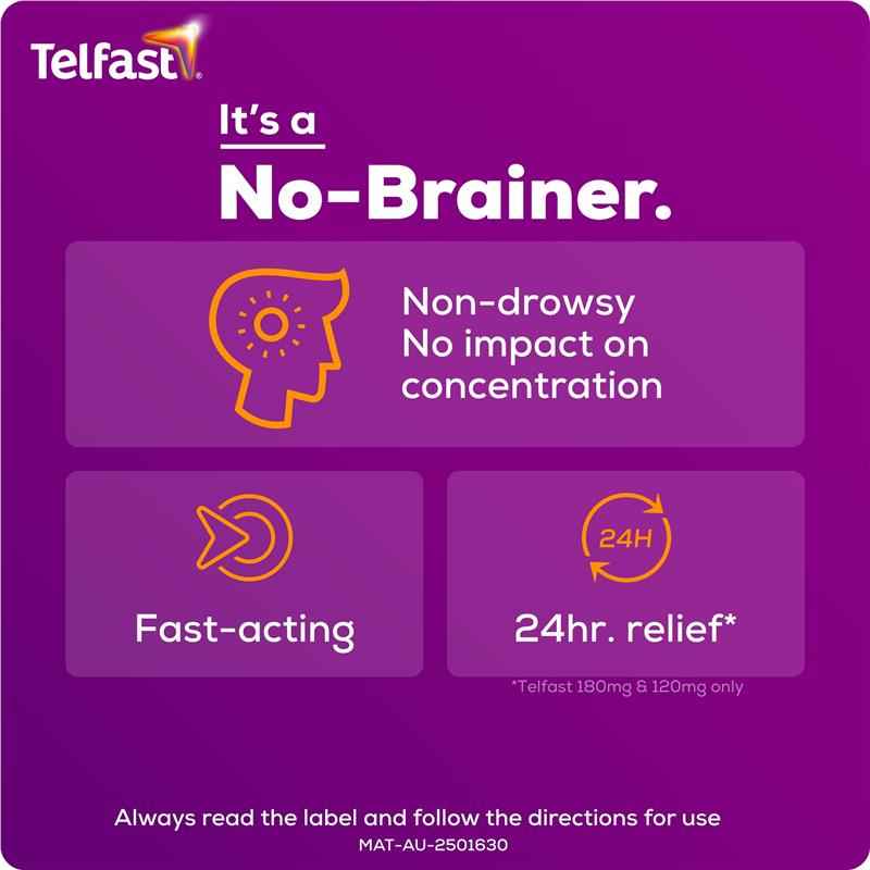 Telfast Hayfever Allergy Relief 180mg Antihistamine Tablets Non-Drowsy - 10 Pack