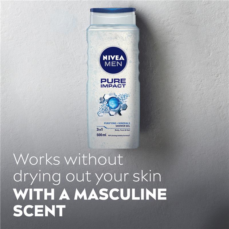 NIVEA MEN Pure Impact 3-IN-1 Shower Gel Body Wash 500ml