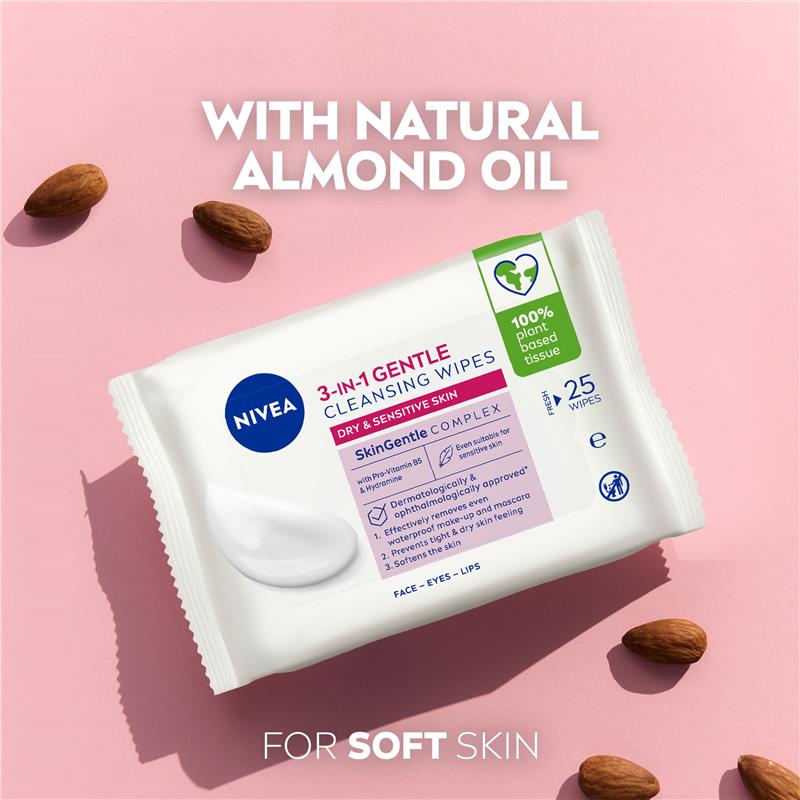 NIVEA 3in1 Gentle Cleansing Dry & Sensitive Skin Wipes 25 Pack