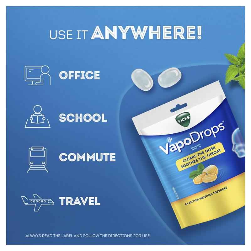 Vicks VapoDrops Butter Menthol Lozenges 24 Pack