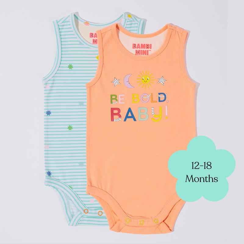 Bambi Mini Co. Supersinglet Bodysuit 12-18 Months Salmon and Beach Glass stripes 2 Pack