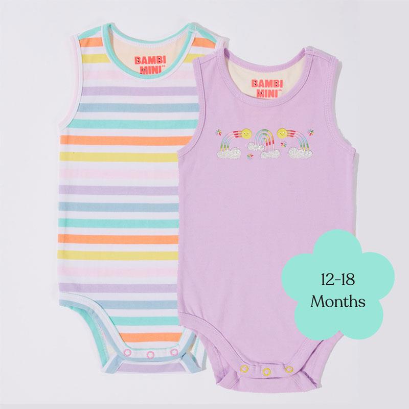 Bambi Mini Co. Supersinglet Bodysuit 12-18 Months Orchid Bloom and Multi Stripe 2 Pack