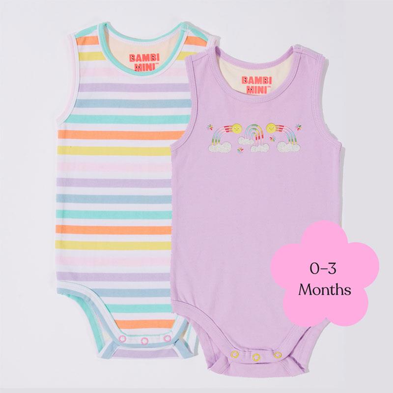 Bambi Mini Co. Supersinglet Bodysuit 0-3 Months Orchid Bloom and Multi Stripe 2 Pack