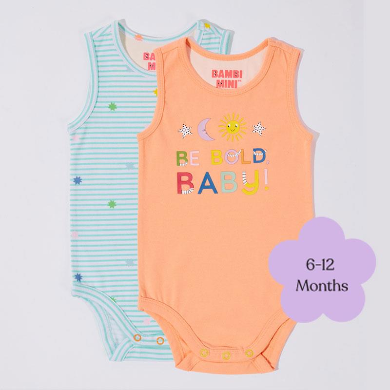 Bambi Mini Co. Supersinglet Bodysuit 6-12 Months Salmon and Beach Glass stripes 2 Pack
