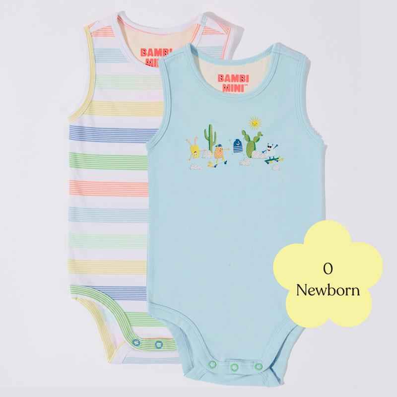 Bambi Mini Co. Supersinglet Bodysuit 0 Newborn Crystal Blue and Stripes 2 Pack