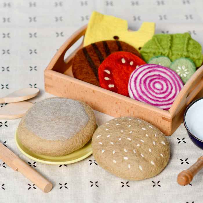 Tara Treasures Felt Burger Stack Set Pretend and Imaginative Play Kitchen Accessories 3yrs+