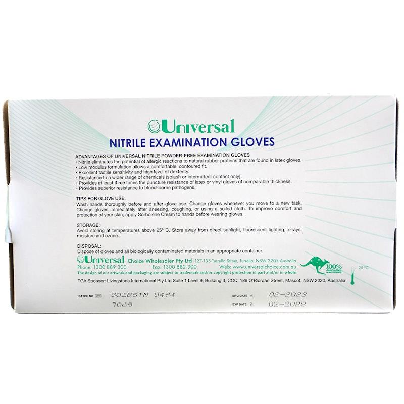 Universal Choice Nitrile Examination Gloves AS NZ Powder Free Medium 100 Pieces/Box