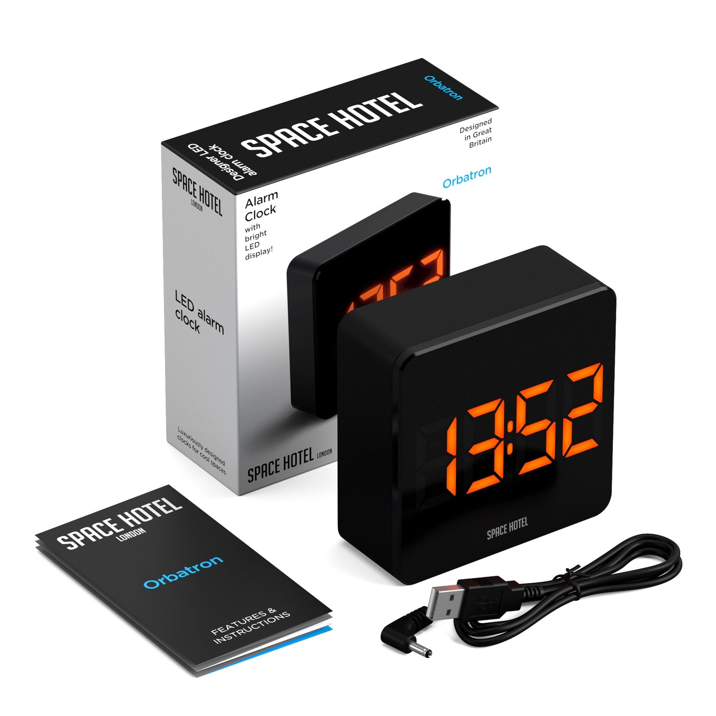 Space Hotel Orbatron Alarm Clock Black Case - Black Lens - Orange Led