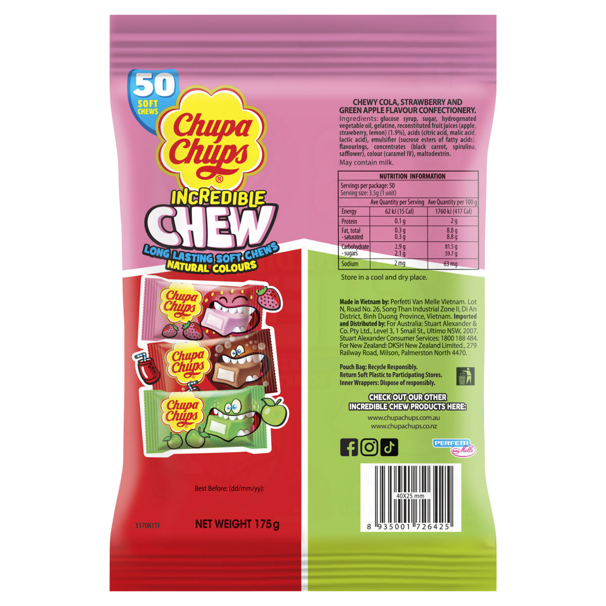 50 Pack Chupa Chups Incredible Chew Share Bag 175g