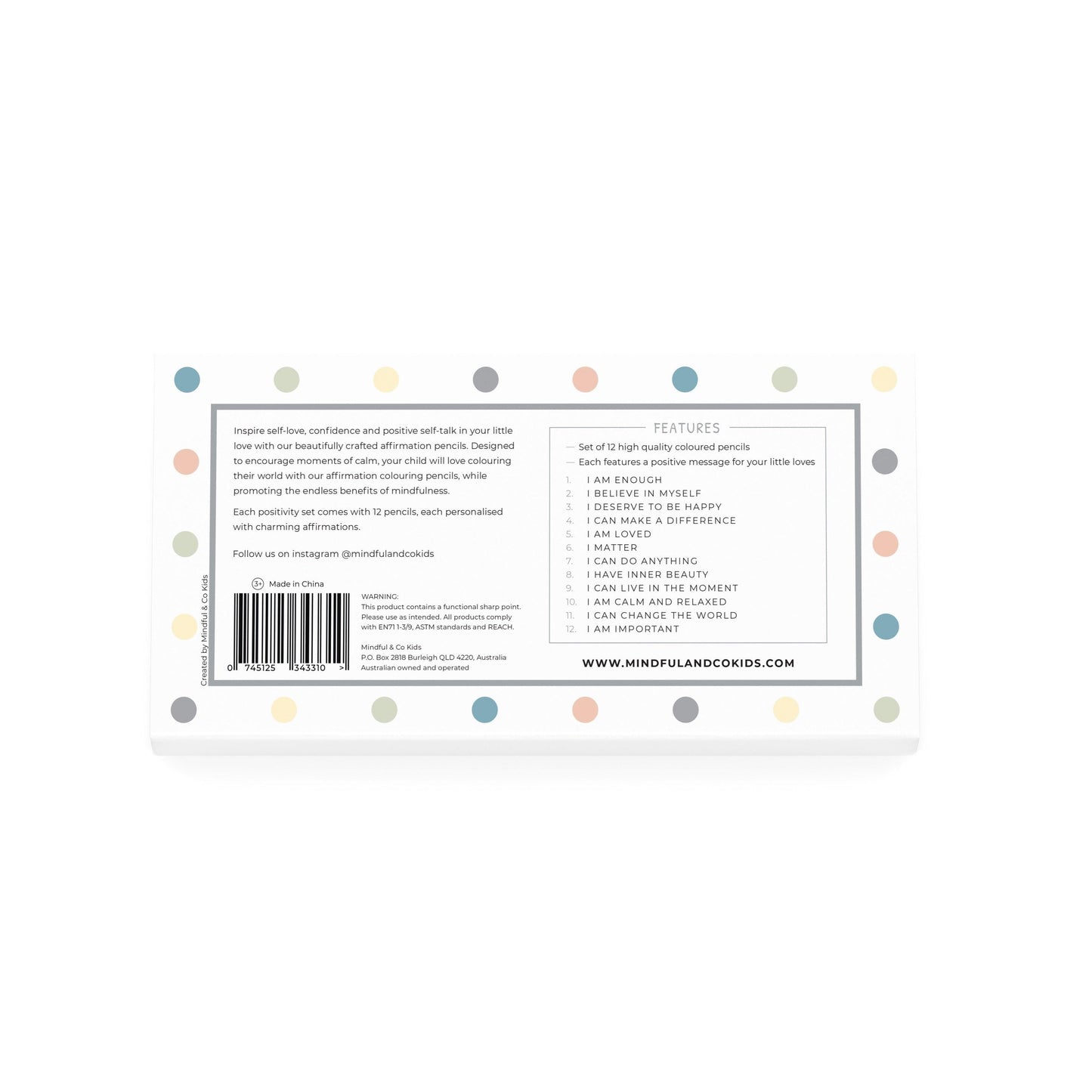 Mindful & Co Kids Affirmation Colouring Pencils 12pc Stationary Art and craft for kids 3yrs+