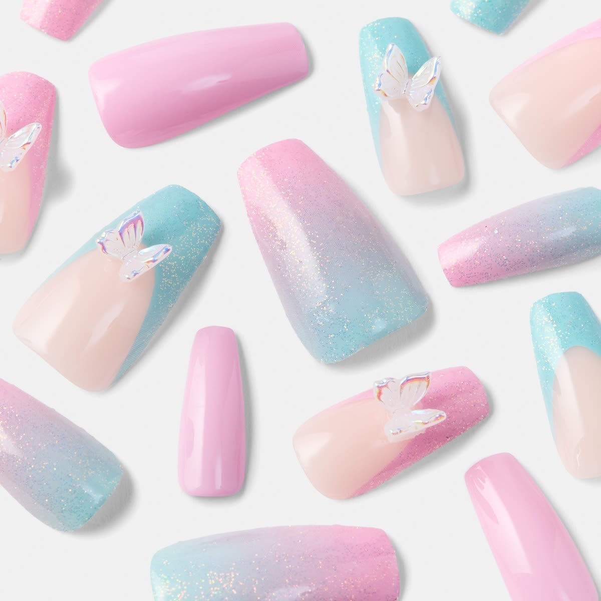 OXX Cosmetics 24 Pack Artificial Nails with Adhesive - Squareletto Shape, 3D Butterfly