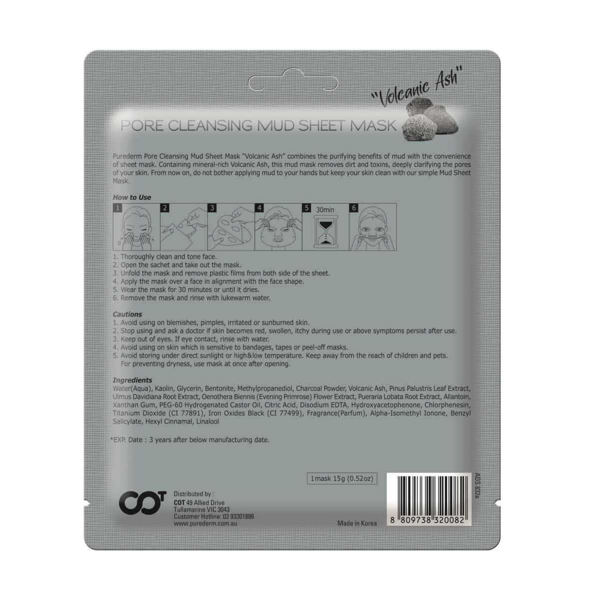 Purederm Pore Cleansing Mud Sheet Mask 15g - Volcanic Ash