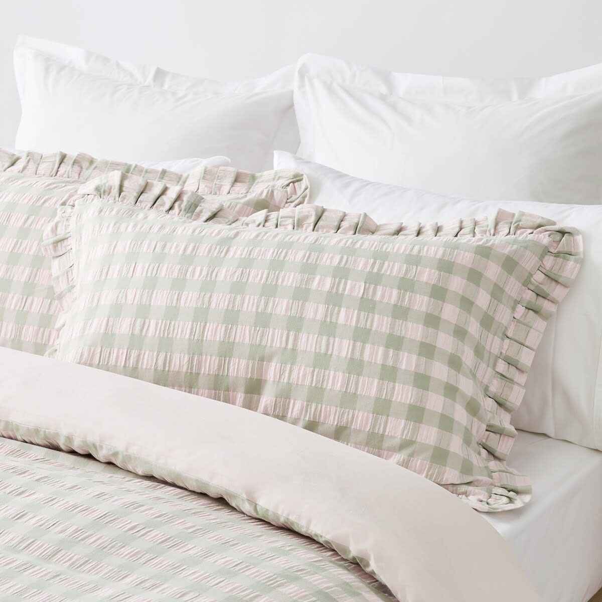 Gingham Ruffle Cotton Quilt Cover Set - Queen Bed, Sage and Pink