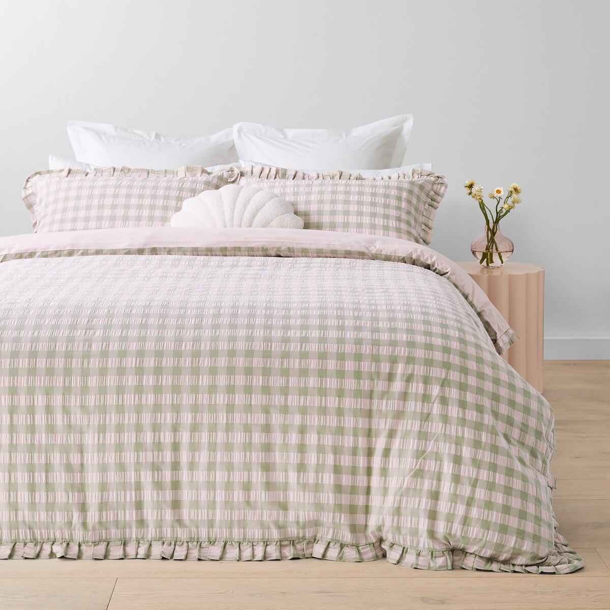 Gingham Ruffle Cotton Quilt Cover Set - Queen Bed, Sage and Pink