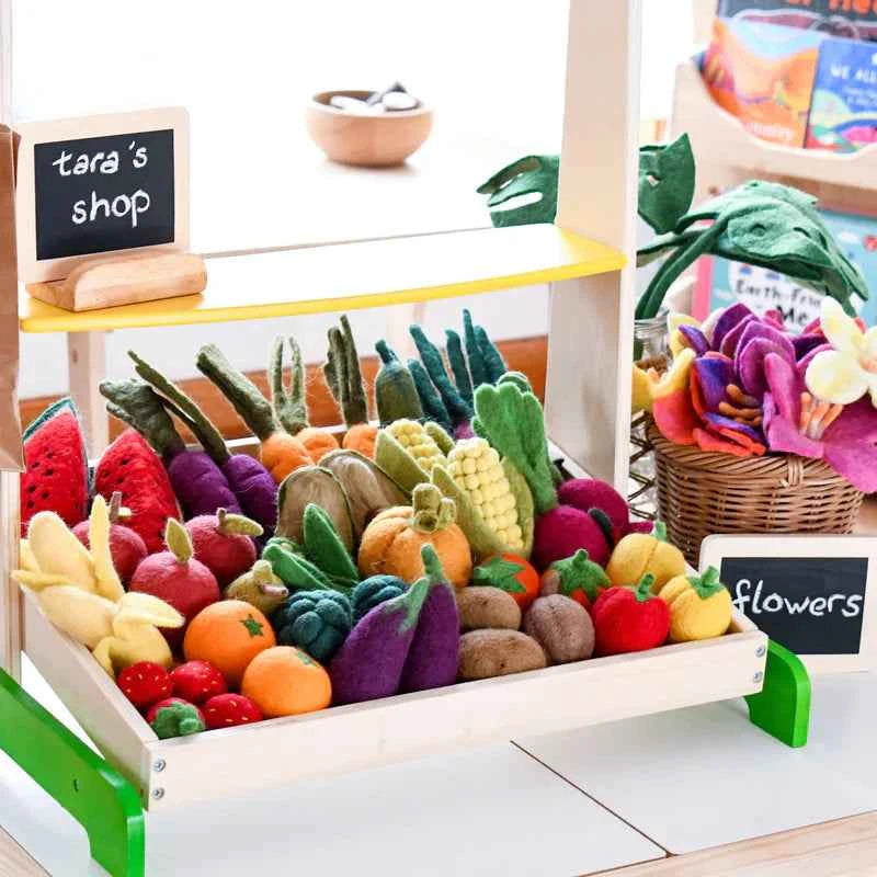 Tara Treasures Felt Vegetables and Fruits 14pcs Set A Pretend and Imaginative Play Kitchen Accessories Best Seller 3yrs+