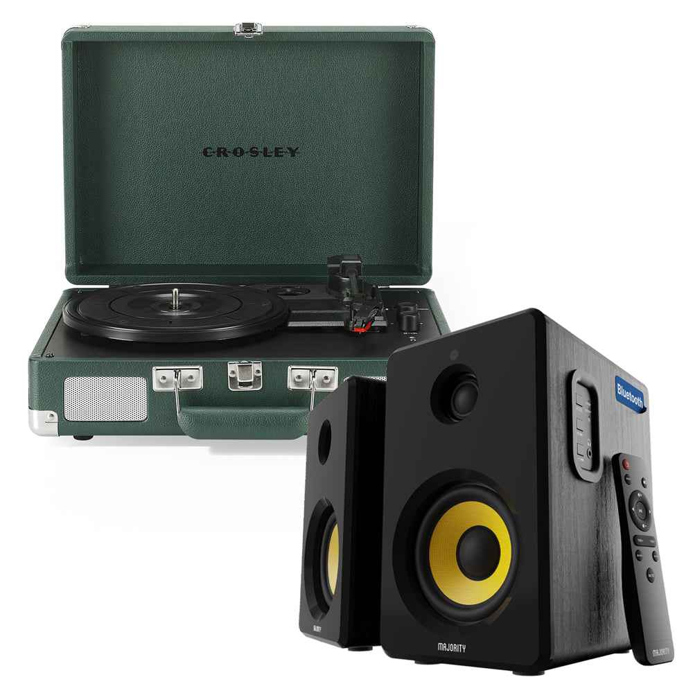 Crosley Cruiser Bluetooth Portable Turntable - Emerald Green + Bundled Majority D40X Bluetooth Speakers