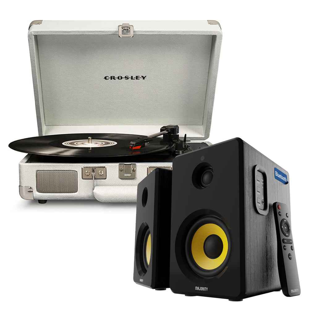 Crosley Cruiser Bluetooth Portable Turntable - White Sands + Bundled Majority D40X Bluetooth Speakers