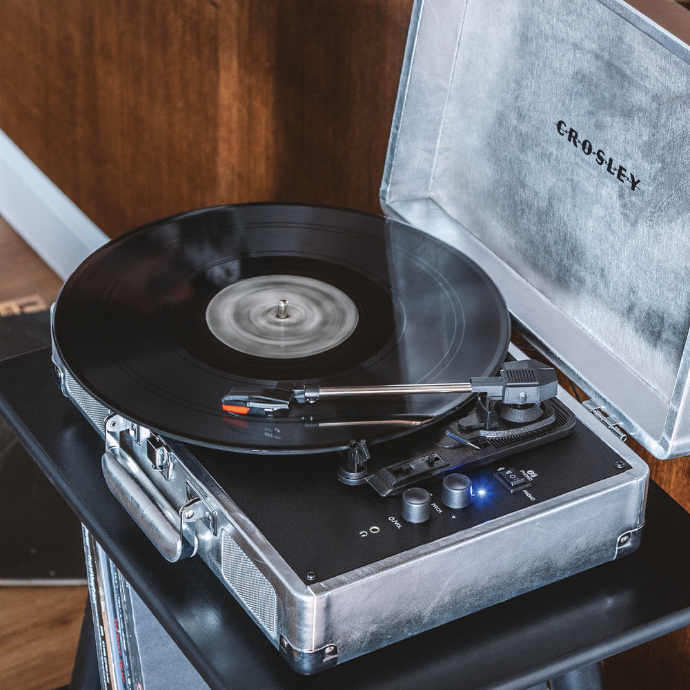 Cruiser Bluetooth Portable Turntable - Silver + Bundled Record Storage Display Stand