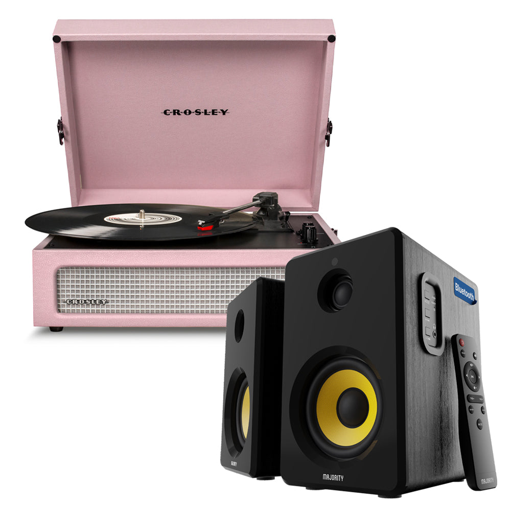 Crosley Voyager Bluetooth Portable Turntable - Amethyst + Bundled Majority D40X Bluetooth Speakers - Black